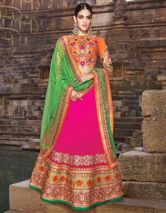 green lehenga with pink choli